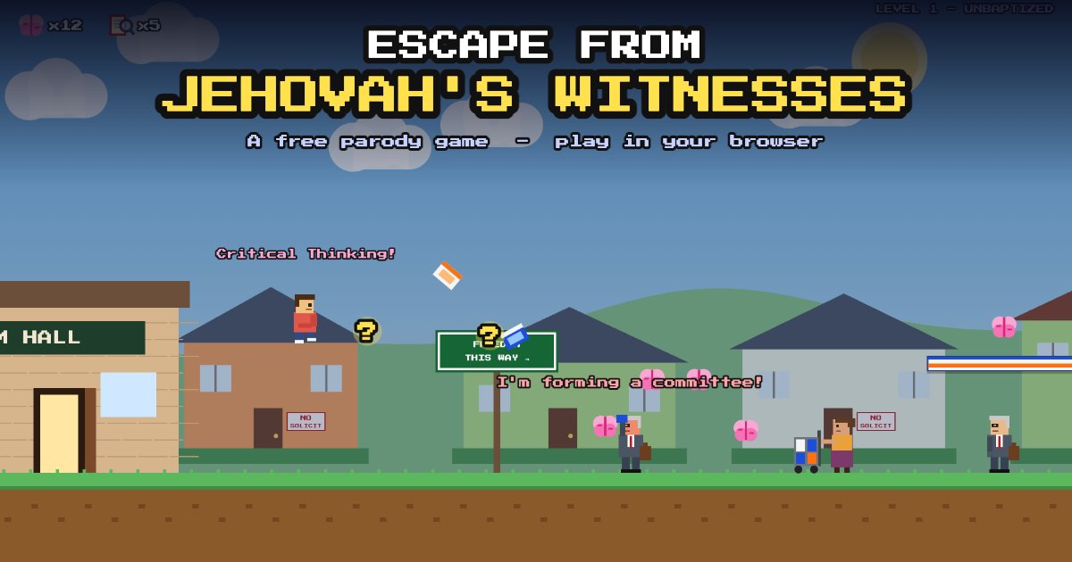 Escape From Jehovah's Witnesses: a pixel-art player jumps away from the Kingdom Hall while elders throw magazines