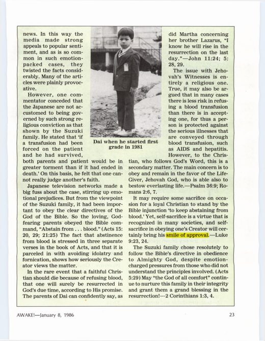Awake!, January 8, 1986, "Blood Case Makes Headlines in Japan," p. 23