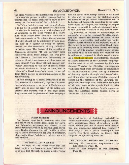 The Watchtower, January 15, 1961, "Questions From Readers," pp. 63–64