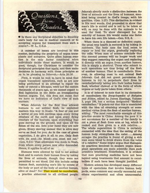 The Watchtower, November 15, 1967, "Questions From Readers," p. 702